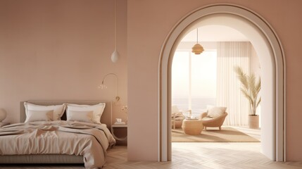 Bedroom interior.Beige tones design with arch wall.3d rendering