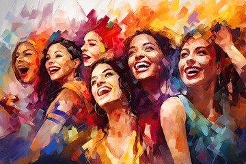Happy Smiling Multinational Women Group Acrylic Painting. Canvas Texture, Brush Strokes. - obrazy, fototapety, plakaty