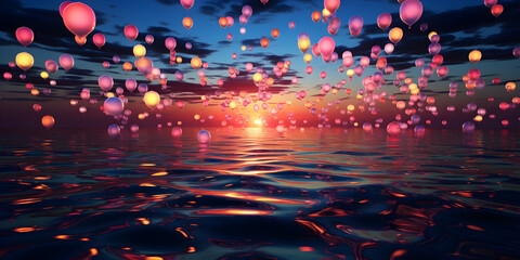 plein de ballons lumineux flottent dans les airs au dessus de la mer - obrazy, fototapety, plakaty