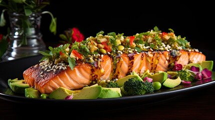 Close up of a salmon with avocado dish isolated