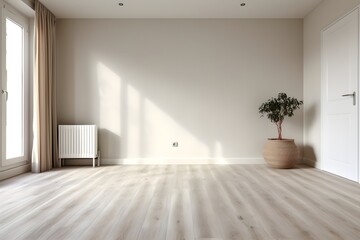 Interior design of spacious empty refurbished living room with whitewash walls laminated floor with white door. created generative ai