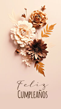 A bunch of paper flowers, Spanish greeting text Feliz Compleanos means Happy Birthday in Spanish language. Generative AI.