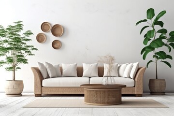  rattan furniture sofa and white wall in modern living room AI Generated