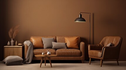Brown living room with sofa,armchair,table and lamp.3d rendering