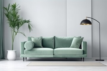  sage green leather sofa and white wall in modern living room AI Generated