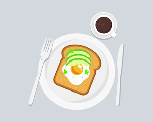 Healthy breakfast with green avocado toast and omelet Delicious avocado sandwich for weight loss.