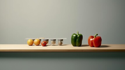 Laid out products on a showcase with vegetables and root crops. A counter with greens in a supermarket store. Shopping in the market. Banner. Place for text. Generative AI