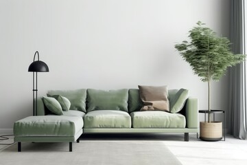  sage green leather sofa and white wall in modern living room AI Generated