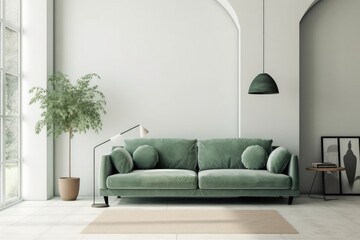  sage green leather sofa and white wall in modern living room AI Generated