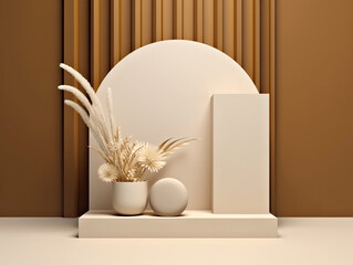 A vase with some plants in it sitting on a shelf. Generative AI. Monochromatic natural beige and golden color shades.