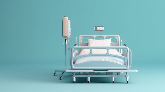 Front view of hospital bed isolated on blue background.Concept for insurance.3d rendering