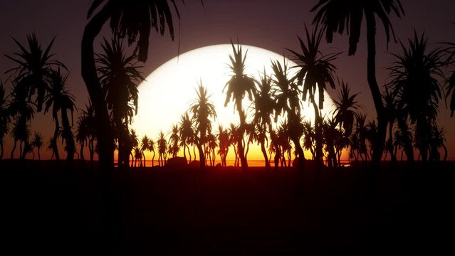 animation of palm trees with big sun down in background. Abstract glowing silhouette video footage for summer time holiday backdrop