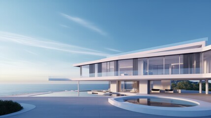 Fototapeta premium Front view of modern architecture with sea view background.3d rendering