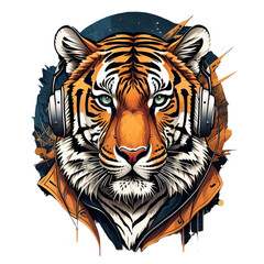 Tiger wearing a hoodie and headphones