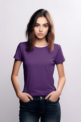 Obraz premium Dark purple t-shirt mockup for teens and young adults. AI generative model wearing blank tshirt with space for your design, lettering or logo.