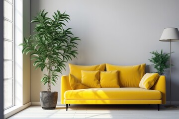  yellow sofa and white wall in modern living room AI Generated