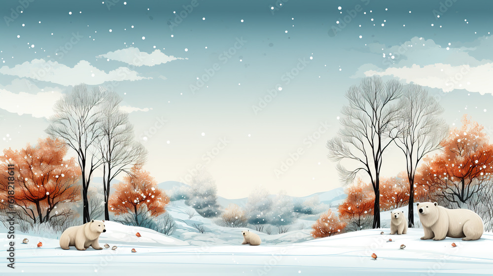 Poster a group of polar bears walking across a snow covered field. generative ai. winter greeting card desi