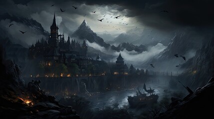 Dark mountainous landscape, dracula's castle in background with bats
