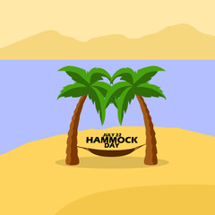 A hammock set between two palm trees on the beach with ocean and mountain views with bold text to celebrate National Hammock Day on July 22