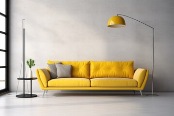  yellow sofa and white wall in modern living room AI Generated