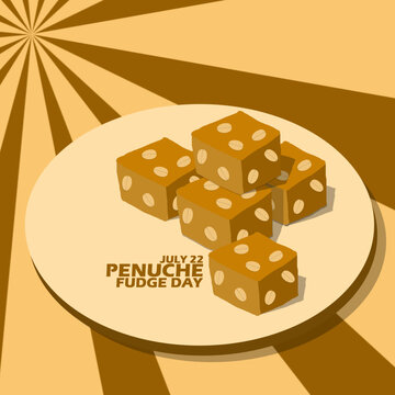 Sweet snack made of brown sugar and peanuts commonly called Penuche Fudge served on wooden plate with bold text on brown background to celebrate National Penuche Fudge Day on July 22
