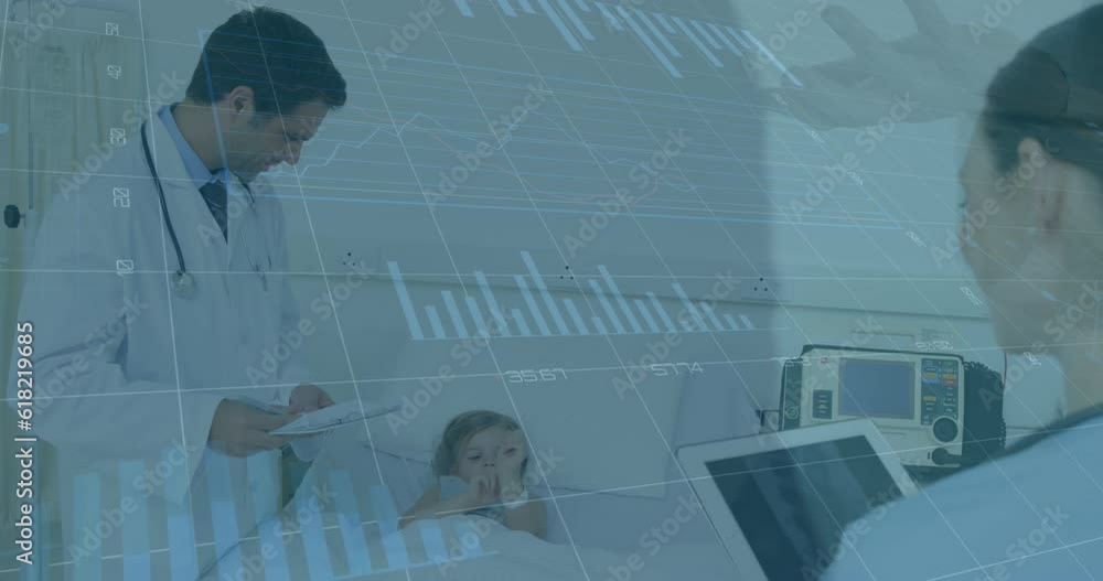 Aufkleber animation of multiple graphs with changing numbers caucasian doctor checking little girl