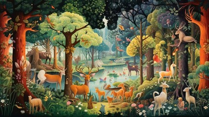 Depict a whimsical forest filled with enchanted trees, talking animals, and hidden magical beings