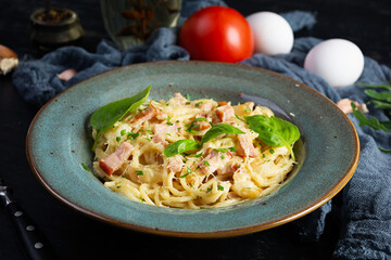 Pasta carbonara. Spaghetti with cheese, bacon, egg and cream sauce. Traditional italian cuisine
