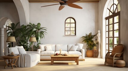 Living room.Mediterranean style interior.Sofa,armchairs,table and arch.3d rendering