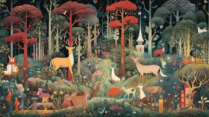 Depict a whimsical forest filled with enchanted trees, talking animals, and hidden magical beings