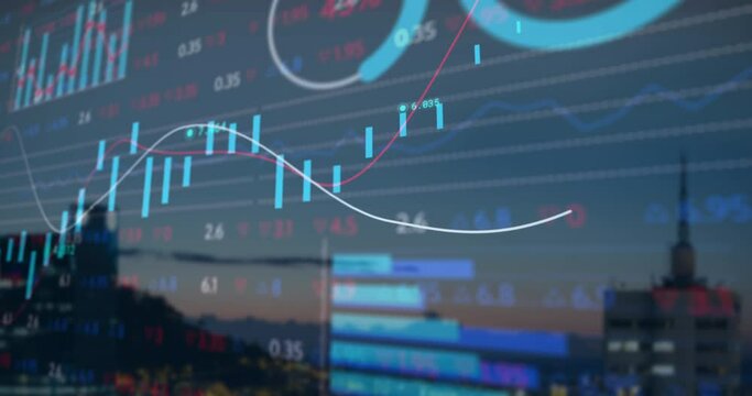 Animation of multiple graphs and trading board over modern buildings against sky - Powered by Adobe