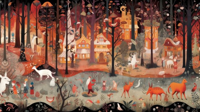 Depict a whimsical forest filled with enchanted trees, talking animals, and hidden magical beings