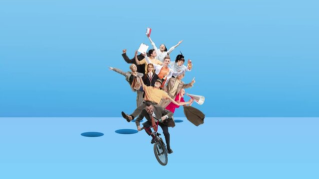 Creative group. Team, employees riding bike together on blue background. Ideas, brainstorming, imagination. Stop motion, animation. Business and office, career development, success and growth concept