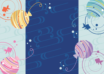 ヨーヨーと金魚の流水紋背景フレーム 文字スペース