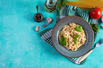 Pasta carbonara. Spaghetti with cheese, bacon, egg and cream sauce. Traditional italian cuisine