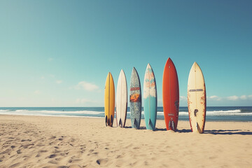 Surfboards on the beach with blue sky, vintage filter effect. By Generative AI.