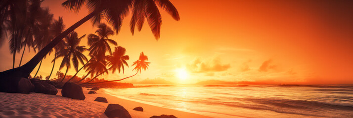 Tropical beach panorama at sunset