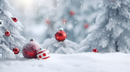 Naklejka na ściany i meble Christmas and New Year background with red balls and fir trees in snow