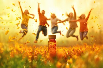 Generative AI. Group of individuals engaging in activities that promote well-being. Each person holds a saffron supplement bottle, symbolizing the role of saffron in enhancing their mood.