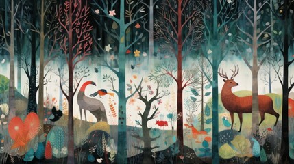 Fototapeta na wymiar Depict a whimsical forest filled with enchanted trees, talking animals, and hidden magical beings