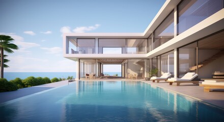Obraz na płótnie Canvas Luxury beach house with swimming pool,sun lougers and sea view in modern style.Concept for vacation real estate and property.3d rendering