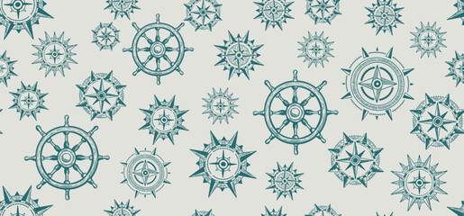 Compass Wind rose, Ship wheel, pattern, hand drawn Illustration.	
