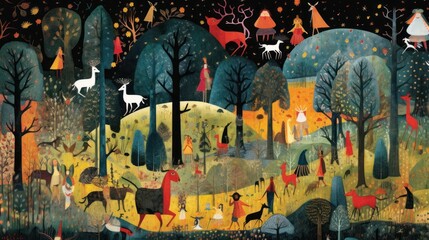 Depict a whimsical forest filled with enchanted trees, talking animals, and hidden magical beings