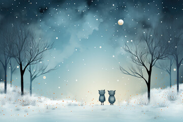 A couple of owls sitting on top of a snow covered ground. Generative AI. Cute Christmas greeting card design. Copy-space, place for greeting text.