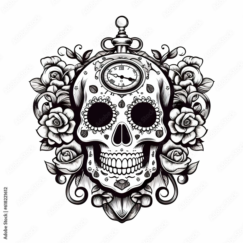 Poster a skull with a clock and roses around it. generative ai.