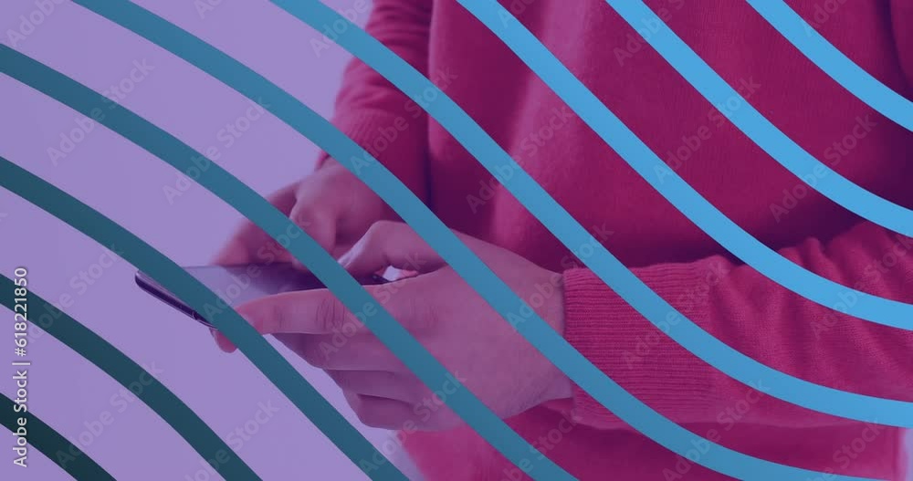 Poster Animation of lines in wave pattern over midsection of caucasian man using cellphone