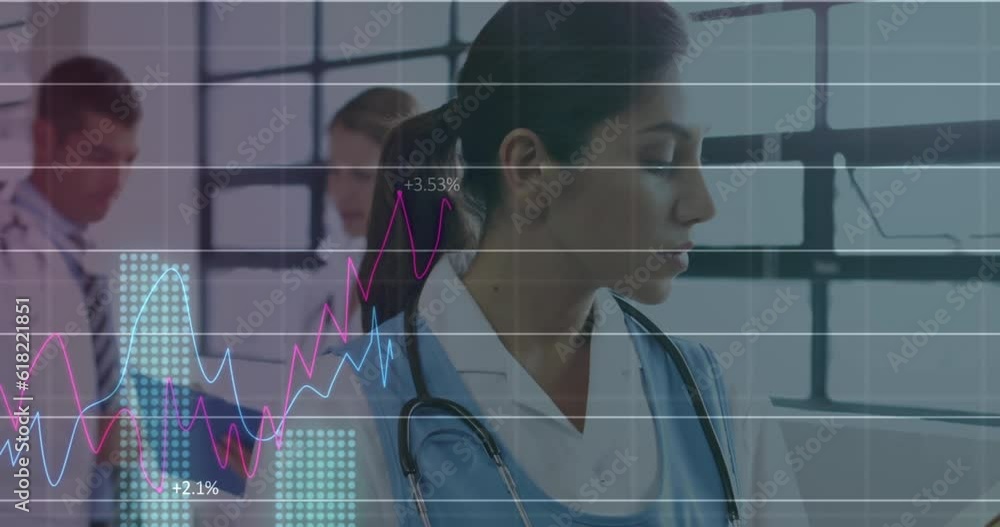 Poster animation of multiple graphs with changing numbers over smiling biracial female doctor