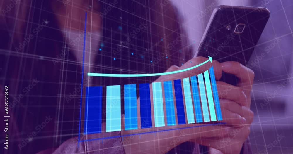 Poster animation of arrow on graph over grid pattern against smiling asian woman using cellphone