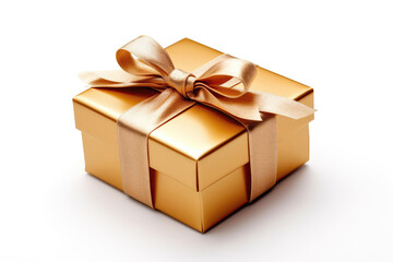 Gold Gift Box With Gold Ribbon On White Background. Generative AI