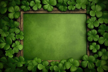 Green Background With Empty Space With Frame Of Fourleaf Clover. Generative AI